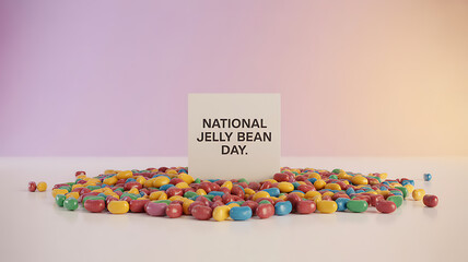Colorful jelly beans arranged around a sign reading 'National Jelly Bean Day' on a gradient background