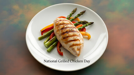 Grilled chicken breast served with asparagus and bell peppers on a white plate, celebrating National Grilled Chicken Day