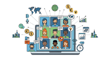 Vector illustration of a global business team collaborating through a video conference on a laptop with financial and communication icons.