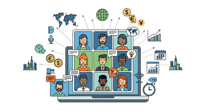 Vector illustration of a global business team collaborating through a video conference on a laptop with financial and communication icons.