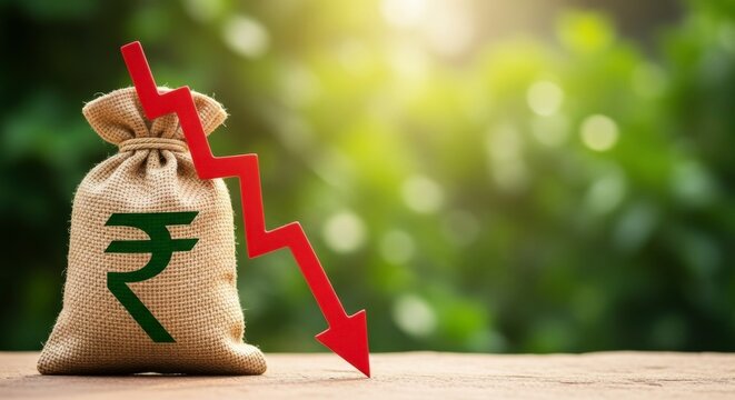 A burlap sack with a rupee symbol and a red downward arrow against green foliage