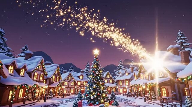 A christmas village scene with a decorated tree and a shooting star in the night sky above