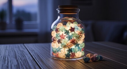 A glass jar filled with luminous, colorful origami stars creates a warm, cozy glow on a wooden table at dusk.