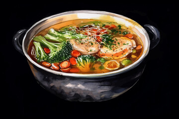 hearty chicken and vegetable soup with broccoli, onion, and carrot for homemade food and healthy meal concept black isolated background