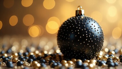 Glossy black spiked holiday ornament with blurry golden bokeh lights festive christmas decoration