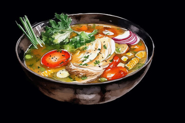 hearty chicken and vegetable soup with broccoli, onion, and carrot for homemade food and healthy meal concept black isolated background