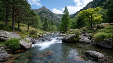 Serene mountain stream cascades over mossy rocks and boulders surrounded by lush green pine forests and distant rugged peaks under a clear blue sky