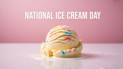 A scoop of vanilla ice cream with colorful sprinkles melting on a pink background celebrating National Ice Cream Day