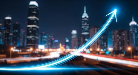 A glowing blue arrow soaring upwards over a modern city skyline at night, symbolizing growth and progress.