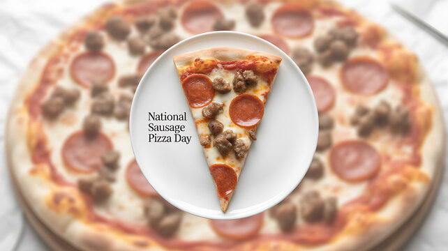 A slice of sausage and pepperoni pizza on a plate, with the full pizza in the background, celebrating National Sausage Pizza Day. - Powered by Adobe