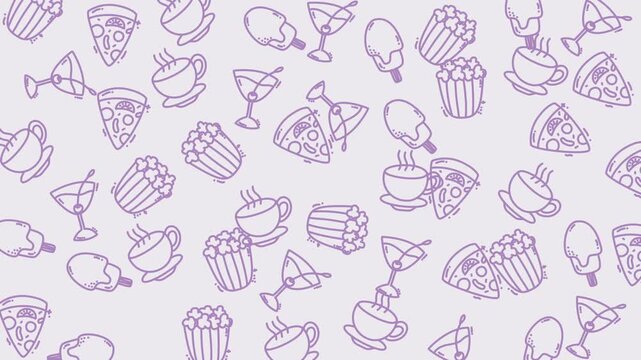 Food pattern with handdrawn pizza, coffee, popcorn icons. Suitable for food blogs, packaging design, kitchen decor, and menus.