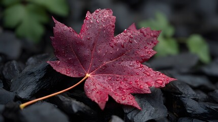 A red maple leaf lies on black leaves, with water droplets on it