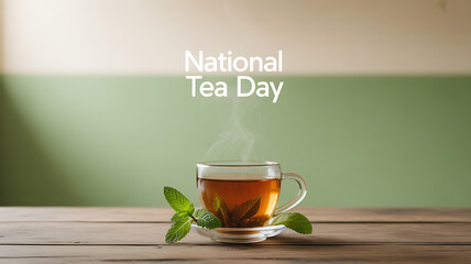 A steaming cup of tea with mint leaves on a wooden table, celebrating National Tea Day