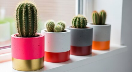Close up of four potted cacti with colorful pots on a windowsill indoors in daylight