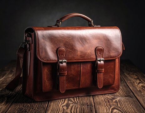 Brown leather briefcase on rustic wood (1)