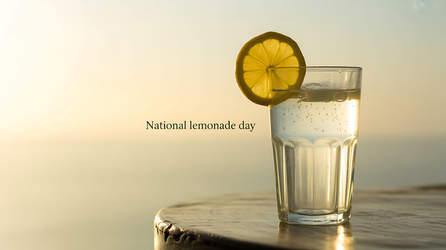 A glass of lemonade with a lemon slice garnish on a wooden surface against a soft, sunlit background, celebrating National Lemonade Day.
