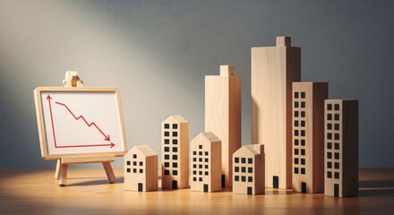 Wooden buildings and a whiteboard with a downward trending line on a table