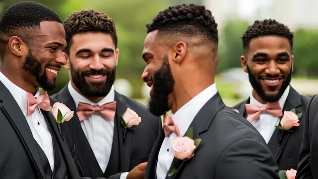 Groom groomsmen in black tuxedo with pink bow tie and rose boutonniere, outdoor wedding celebration portrait, joyful bearded friendship candid