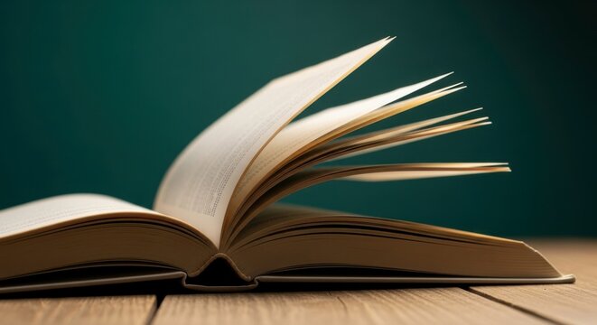 Open book with pages turning on a wooden surface against a green background