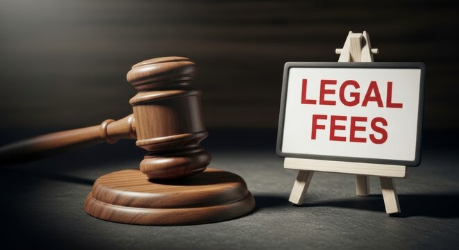 Wooden gavel and legal fees sign on a small easel against a dark background