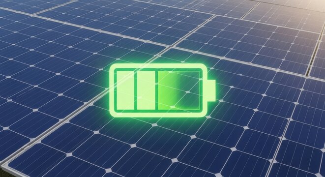 A glowing green battery icon superimposed on a field of solar panels, symbolizing renewable energy storage and charging
