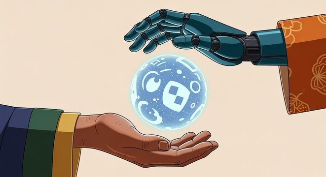 A robotic hand offers a glowing digital orb to a human hand, symbolizing the exchange between technology and humanity.