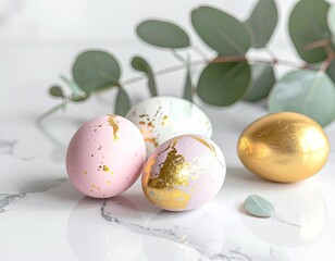 Obraz premium Pastel Easter eggs, gold accents, eucalyptus