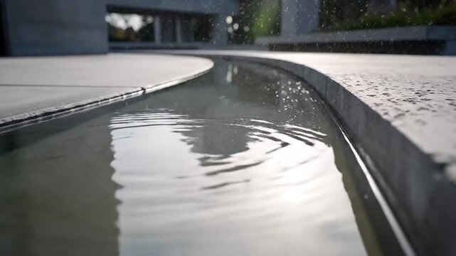 水面が穏やかに光を反射し 建築物の輪郭を柔らかく映し出す静寂の瞬間