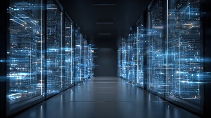 A futuristic data center corridor illuminated by blue light, showcasing rows of servers and advanced technology.