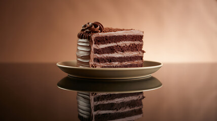 A slice of layered chocolate cake with cream filling on a plate, reflecting on a glossy surface