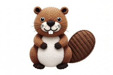 A cute, brown knitted beaver toy with a flat ribbed tail sits upright, featuring white buck teeth and a white belly and paws.