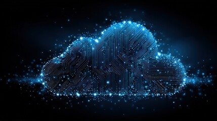 A digital representation of a cloud made from intricate circuitry and glowing particles, symbolizing technology and data storage.