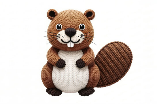 A cute, brown knitted beaver toy with a flat ribbed tail sits upright, featuring white buck teeth and a white belly and paws.