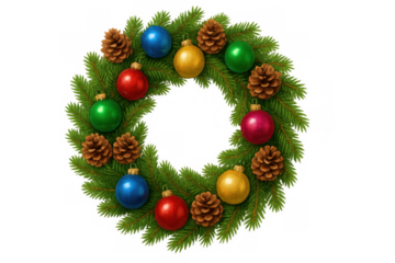 Festive christmas wreath featuring pine branches, colorful baubles, and natural pine cones creating a holiday decoration. Transparent background