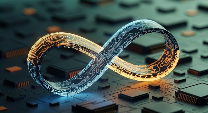 A glowing infinity symbol integrated into a futuristic circuit board, symbolizing endless technological cycles.