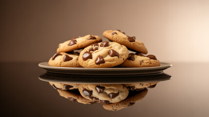 A stack of chocolate chip cookies on a reflective surface