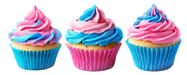 Sweet cupcake topped with pink and blue swirled frosting in wrapper, isolated on white transparent background