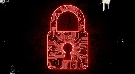 A glowing red digital padlock with a circuit board pattern symbolizing cybersecurity and digital threats.