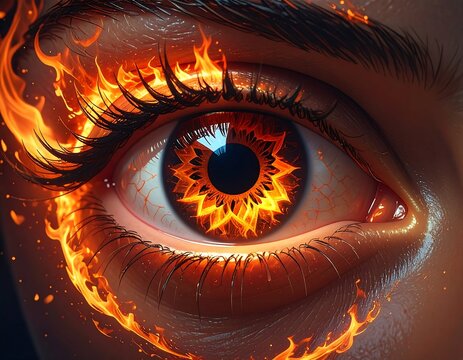 Close-up of a human eye with an intricate, fiery design, surrounded by flames