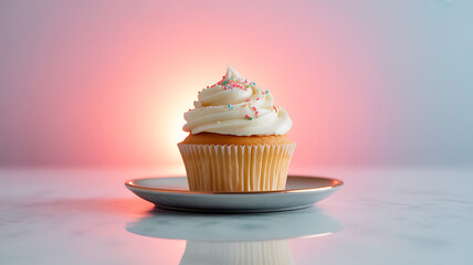 A vanilla cupcake with white frosting and colorful sprinkles on a plate against a soft pink and blue gradient background