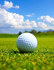 Obraz premium Close-up of a golf ball on vibrant green grass against a sunny blue sky with fluffy white clouds