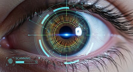 A detailed close-up of a human eye undergoing a futuristic biometric scan for identity verification.