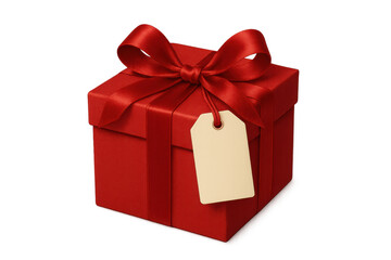 Obraz premium Red gift box with ribbon and blank tag, symbolizing celebration, giving, and special occasion surprise