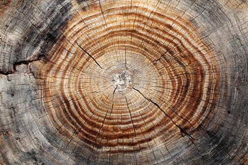 Naklejka premium Cross Section of a Tree Trunk with Concentric Growth Rings and Cracks in Gray and Brown Colors Under Bright Lighting Close Up