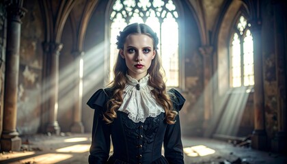 Fototapeta premium Gothic Victorian Woman in Ruined Castle Hall with Dramatic Sunlight Rays