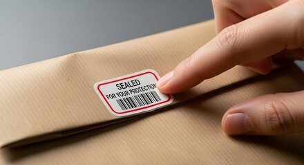Detailed Close-Up Image of a Human Hand Gently Pressing a Label on a Brown Envelope to Securely Seal Important Mail for Delivery