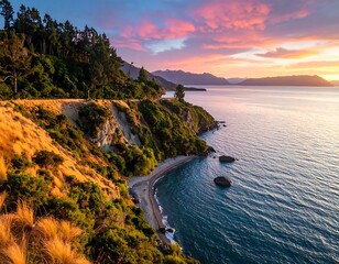 Coastal scene at dawn, vibrant hues illuminating cliffside and ocean
