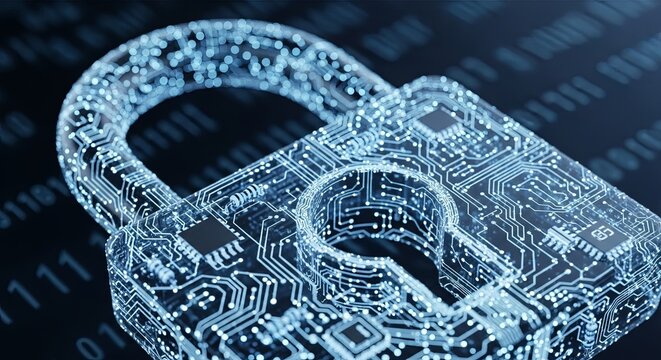Digital padlock made of glowing circuits symbolizing cybersecurity and data protection.