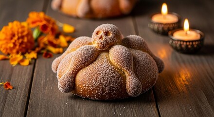 Traditional Pan de Muerto with Marigold Flowers