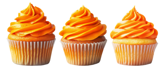 Cupcake with orange swirl frosting, isolated on white transparent background. Concept of dessert or celebration.